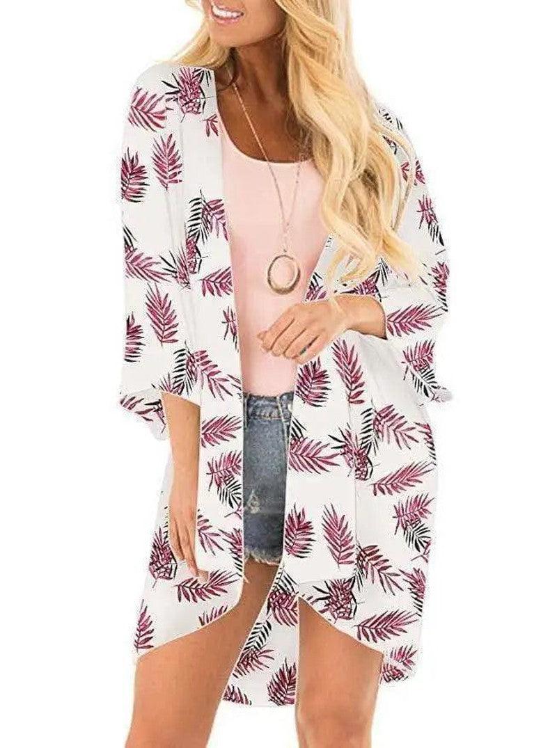 Cheky - Chiffon Printed Cardigan Sunscreen Long Kimono Bikini Blouse