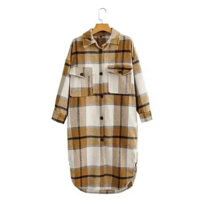 Cheky - Contrasting Plaid Casual Fashion Simple Long Woolen Coat