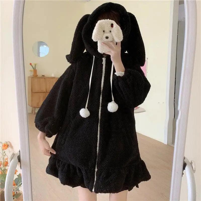 Cheky - Cute Ears Hooded Padded Lamb Wool Coat