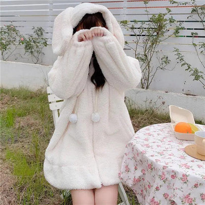 Cheky - Cute Ears Hooded Padded Lamb Wool Coat