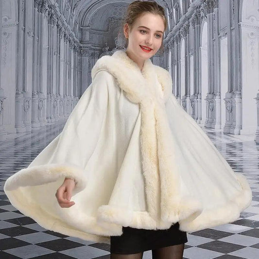 Cheky - Double-layer Hooded Cloak New Style Rex Rabbit Fur Collar