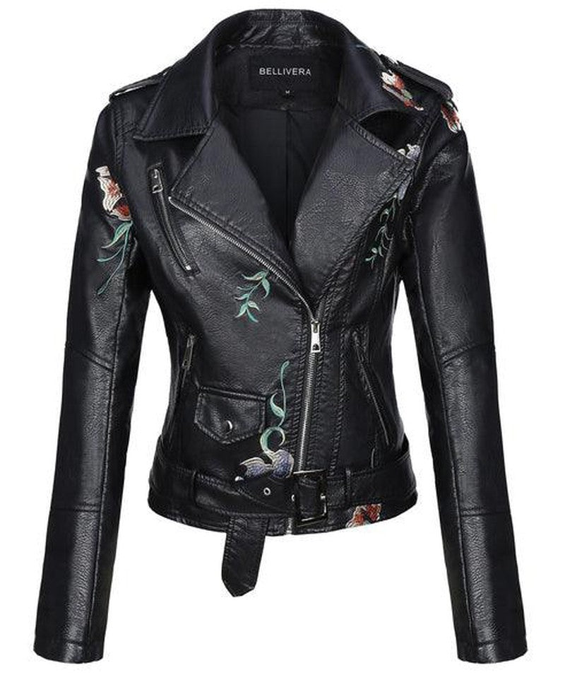 Cheky - Giolshon Autumn Flowers Embroidery PU Leather Jacket Women