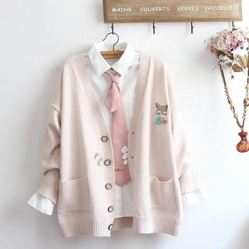 Cheky - Girly heart pocket fox embroidery knitted cardigan