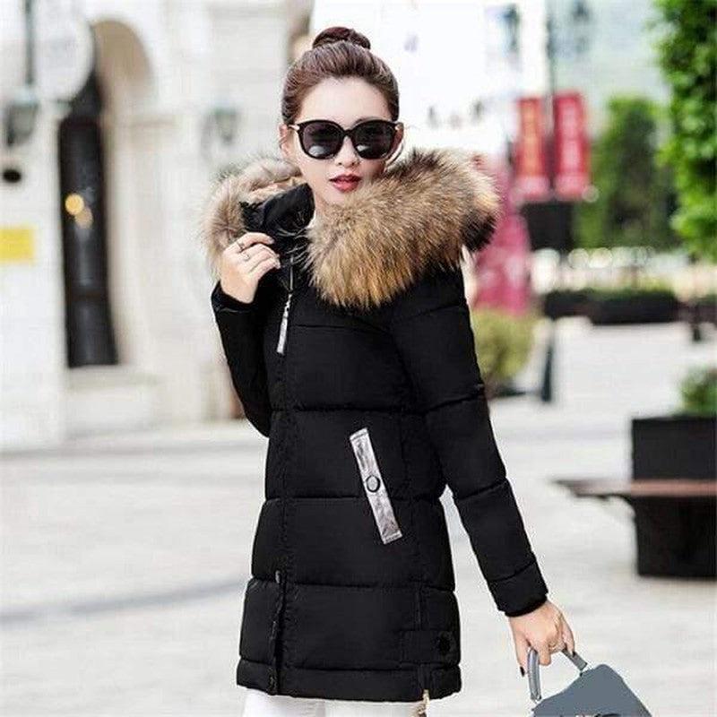 Cheky - Hooded large fur collar cotton coat