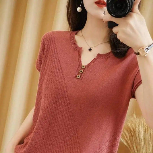 Cheky - Knitted Three-button Half-sleeved Pullover Short-sleeved