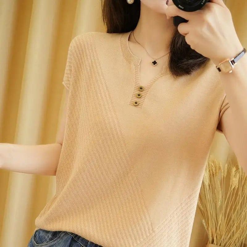 Cheky - Knitted Three-button Half-sleeved Pullover Short-sleeved