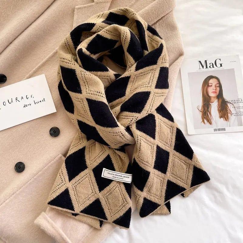 Cheky - Knitted Wool Small Scarf Women Camel Rhombus Thickened Warm