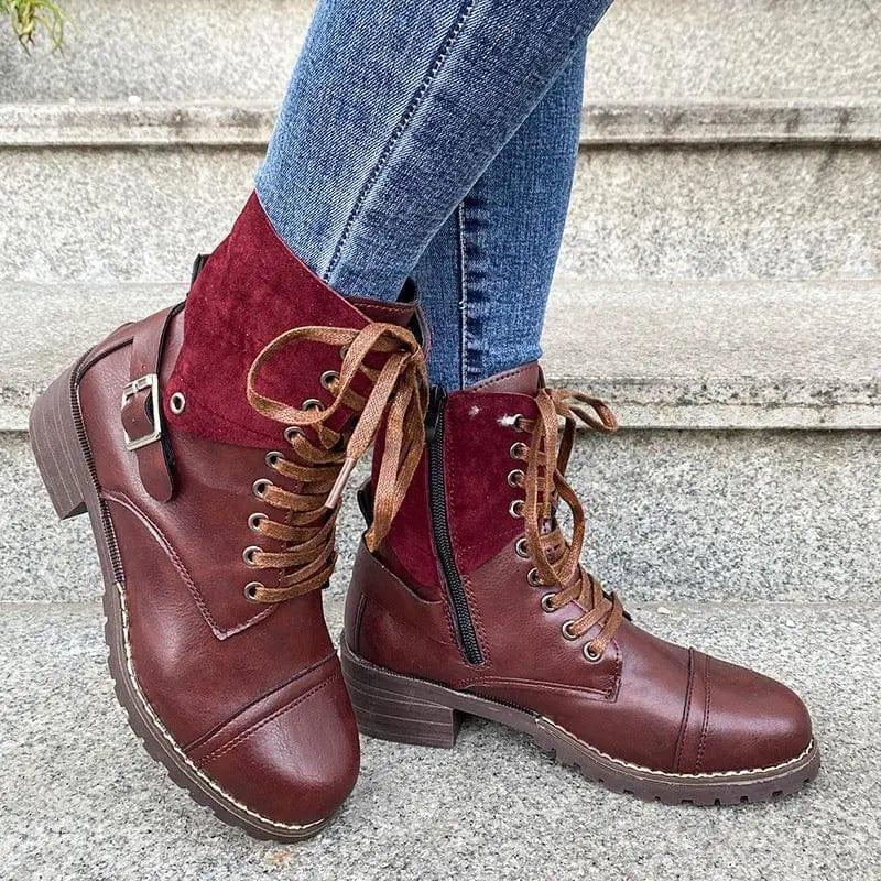 Cheky - Lace-up Boots Winter Buckle Cowboy Boots Women Low Heel