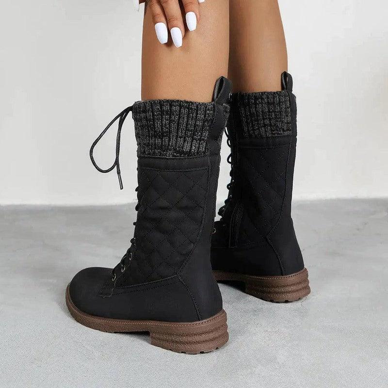 Cheky - Lace Up Boots Winter Cowboy Boots Women Block Heel Round Toe Shoes