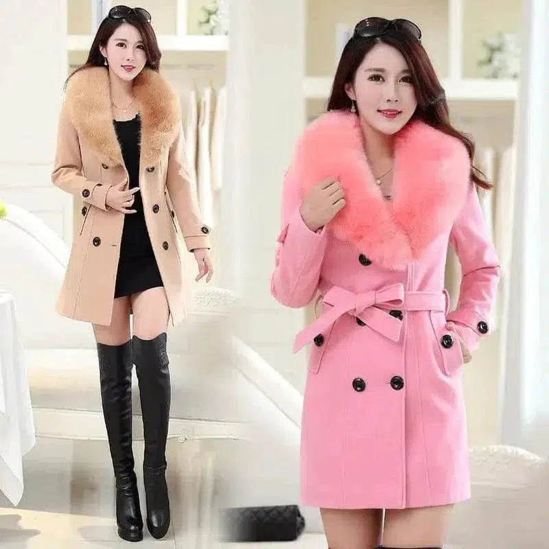 Cheky - Large fur collar woolen coat