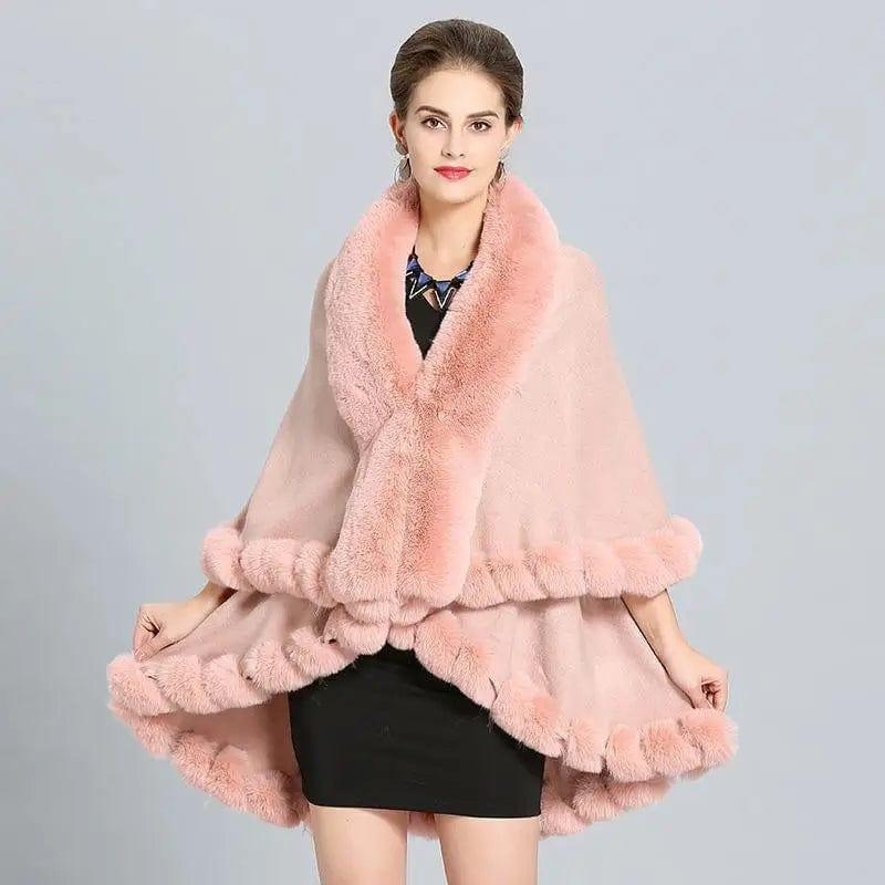 Cheky - Loose Fox Fur Collar Double-layer Knitted Shawl Cloak Coat