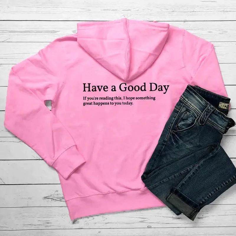 Cheky - Minimalist Have A Good Day Printed Back Casual Hooded Pocket Sweater