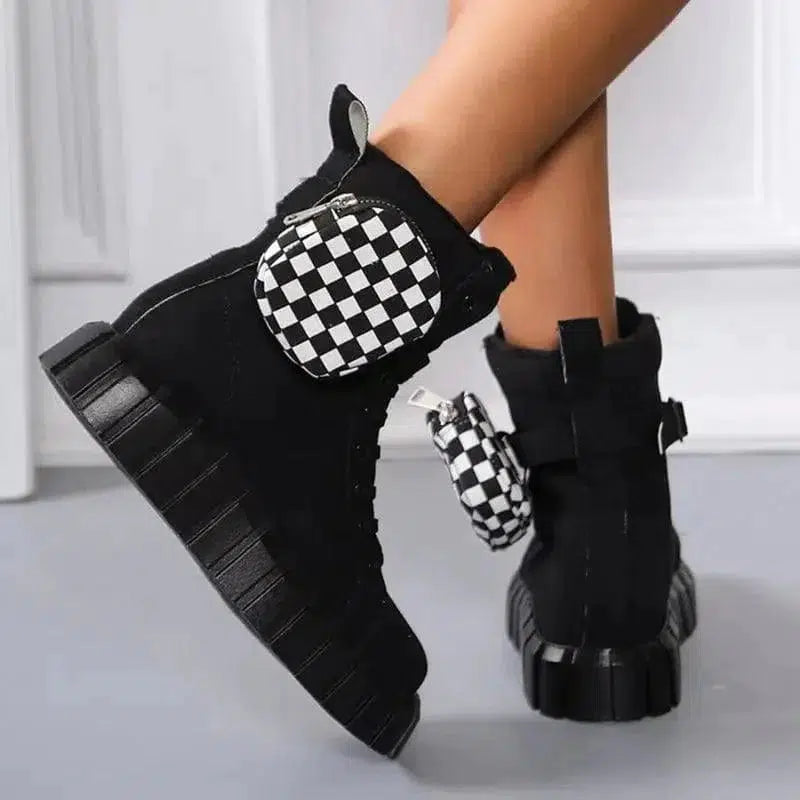 Cheky - Punk Ankle Boots With Belt Buckle Pocket Designer Boots Chunky Heel Shoes Women