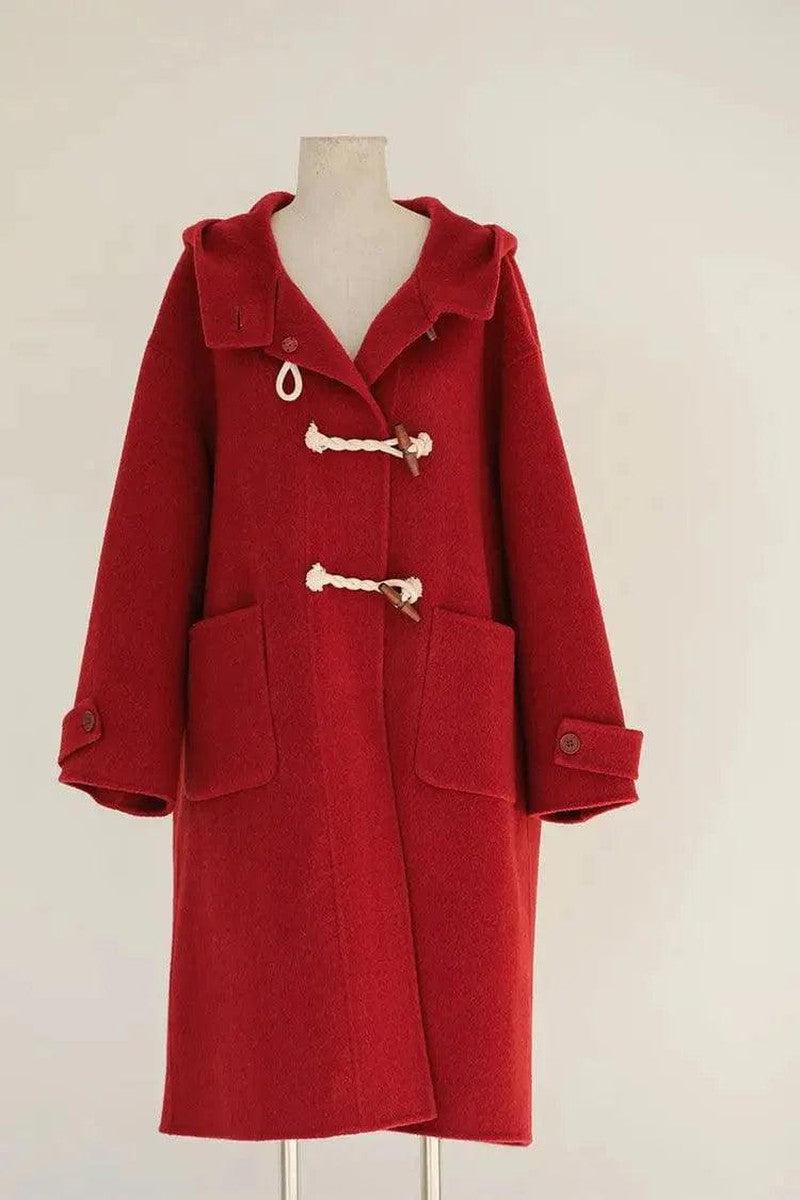 Cheky - Retro Red Wool Double Faced Woolen Coat Women