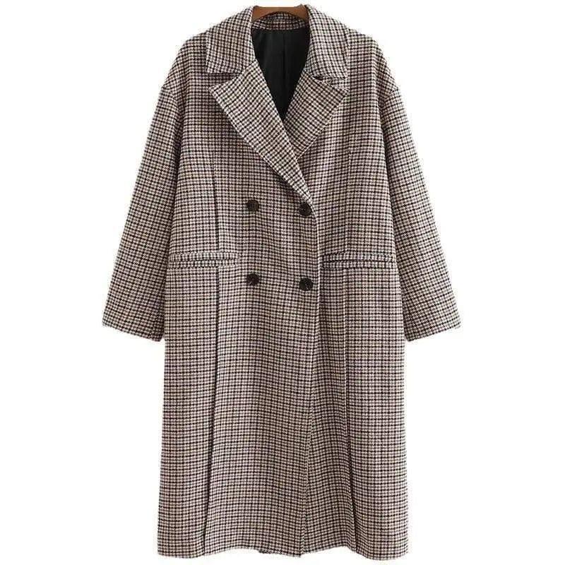 Cheky - Retro Wild Long Houndstooth Woolen Coat