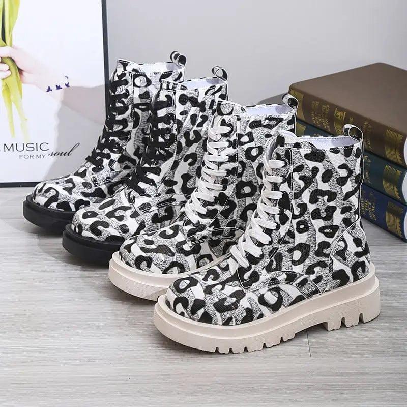 Cheky - Women Martin Boots Black White Leopard Print Low Heel Shoes Cowgirl Boots