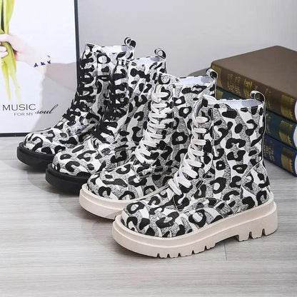 Cheky - Women Martin Boots Black White Leopard Print Low Heel Shoes Cowgirl Boots