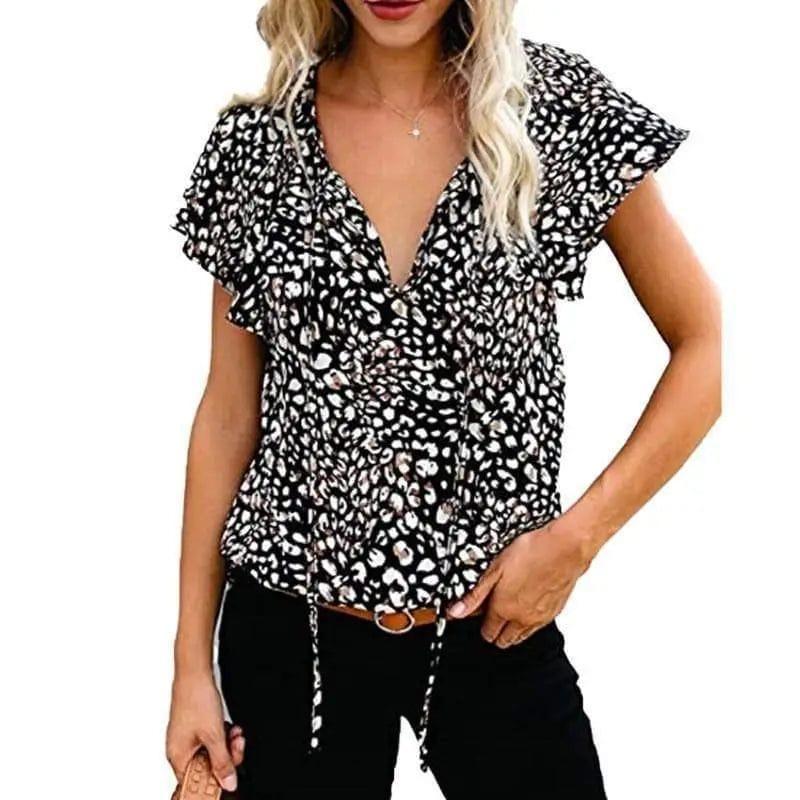 Cheky - Women's Casual Short-sleeved Loose Print V-neck Shirt Top