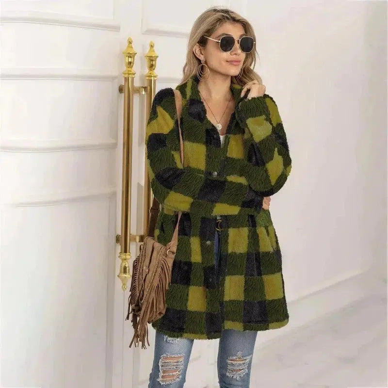 Cheky - Women's Long-sleeved Plaid Print Mid-length Shirt Jacket