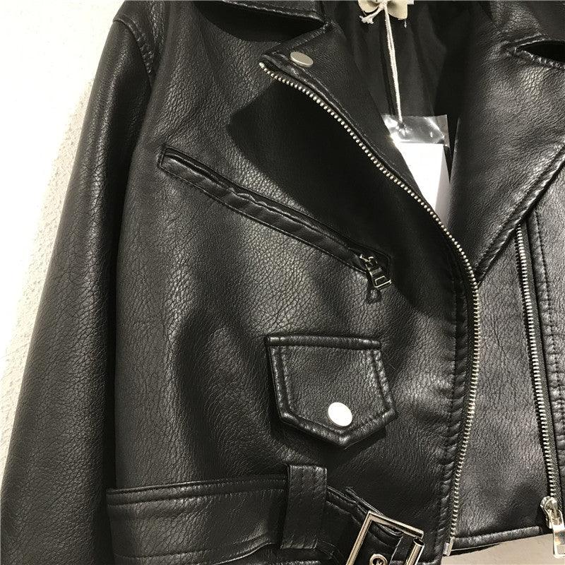 Cheky - Women's Short Lace-up Motorcycle Pu Leather Jacket